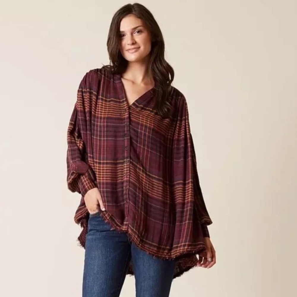 Free People Come On Over Button Down Plaid Top size XS Fall Vibe  Boho Relaxed